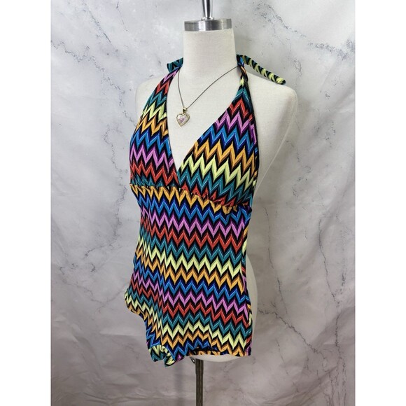 Vintage Popina Swim Swimsuit Halter SZ M Rainbow Chevron Pin Up Retro Women's - Picture 8 of 12